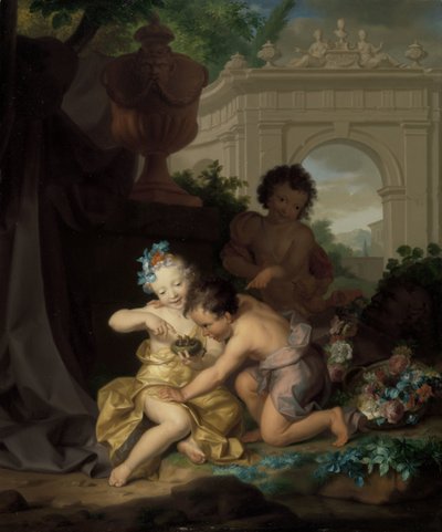 Tre bambini che giocano con un nido di uccelli da Isaac Walraven (rejected attribution)