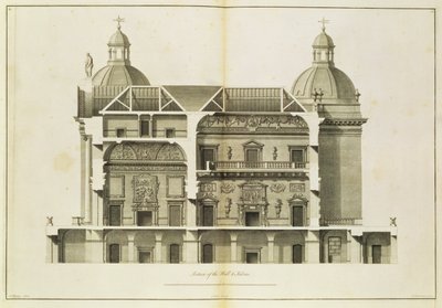 Houghton Hall: sezione trasversale della Sala e del Salone, inciso da Pierre Fourdrinier, 1735 da Isaac Ware