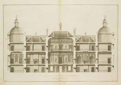 Houghton Hall: sezione del Fronte Est, inciso da Pierre Fourdrinier, 1735 da Isaac Ware