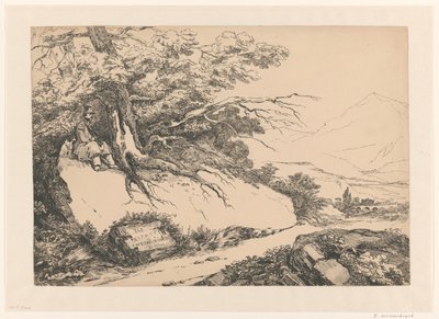 Paesaggio, con un uomo che riposa sotto un albero con un cane da Isaac Weissenbruch