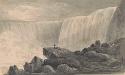 Veduta delle cascate del Niagara con due figure sedute su una roccia in primo piano da Isaac Weld
