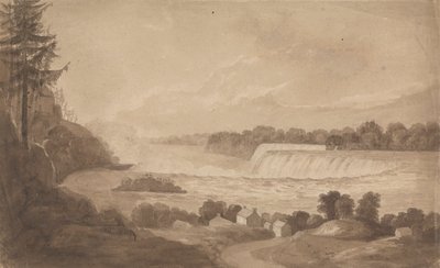 Veduta delle cascate del Niagara con le cascate sullo sfondo, a destra, e paesaggio con case in primo piano da Isaac Weld