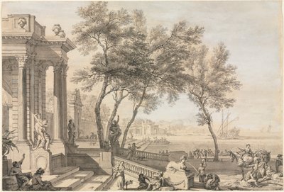 Scena fantastica di porto con architettura e figure da Isaac de Moucheron