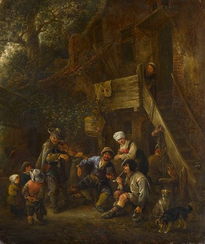 Contadini che ascoltano un violinista cieco davanti a un cottage da Isaac van Ostade