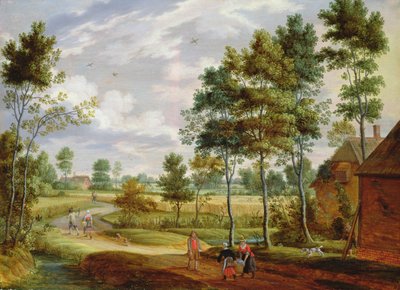 Figure fuori da un cottage in un paesaggio di campagna da Isaak van Oosten