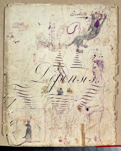 Arthur Rimbaud aiuta la raccolta. Disegno di Isabelle Rimbaud in inchiostro viola su foglio di bozze di un libro di spese da Isabelle Rimbaud