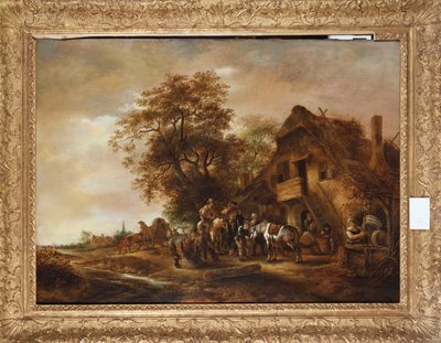 Cavalieri che si rinfrescano fuori da una locanda, con altre figure e un cavallo con carro da Isack van Ostade
