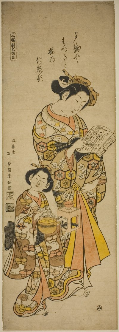 Cortigiana di Osaka e la sua assistente, foglio sinistro di un trittico di bellezze delle tre capitali da Ishikawa Toyonobu