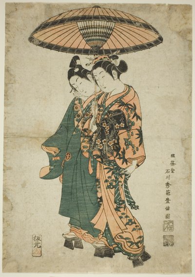Gli attori Sanogawa Ichimatsu I e Segawa Kikunojo I come amanti sotto un ombrello da Ishikawa Toyonobu