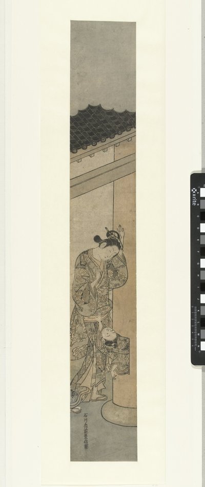 Donna che guarda un bambino, che esce da un buco in una colonna da Ishikawa Toyonobu