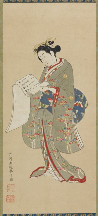 Giovane donna che legge una lettera, periodo Edo, 1711-1785 da Ishikawa Toyonobu