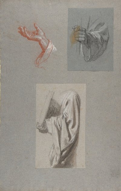 a. Mano di San Remigio, b. Mano di San Remigio, c. Studio di drappeggio per accolito che tiene un libro da Isidore Pils