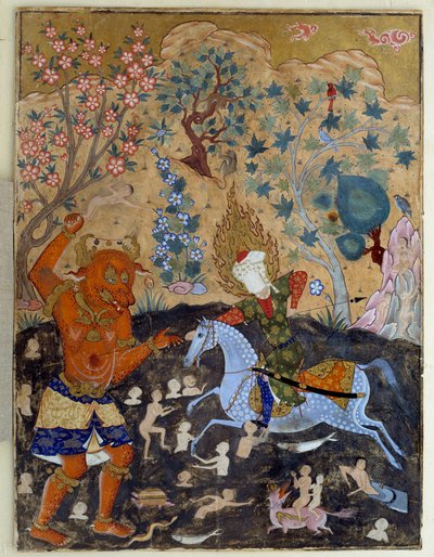 Arte islamica: pagina di un falnama: Iman Reza combatte un Div da Islamic School