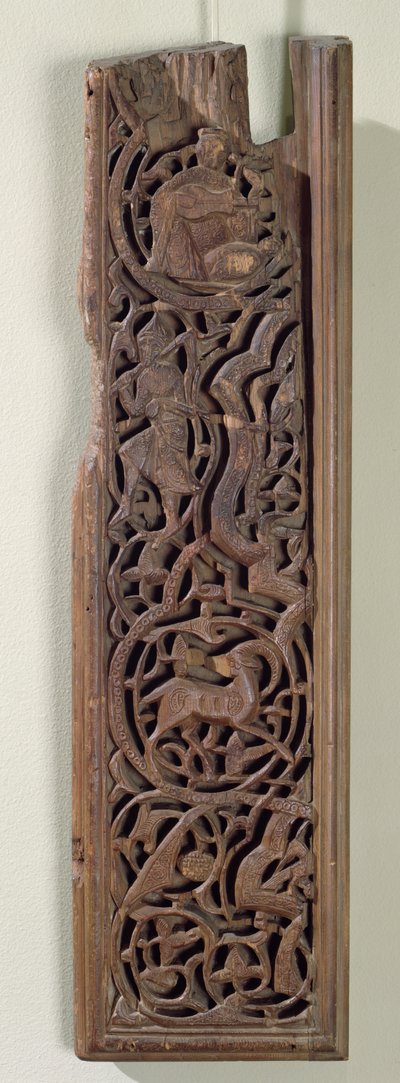 Pannello scolpito decorato con un suonatore di liuto (legno) da Islamic School