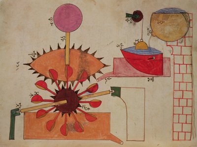 Diagramma di un sistema per pompare acqua in una vasca, dal Libro della Conoscenza dei Dispositivi Meccanici Ingegnosi di Al-Djazari, 1206 da Islamic School
