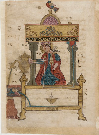Automata per il lavaggio delle mani con meccanismo di scarico, foglio da Il Libro dei Dispositivi Meccanici Ingegnosi; di Al-Djazari, 1315 da Islamic School