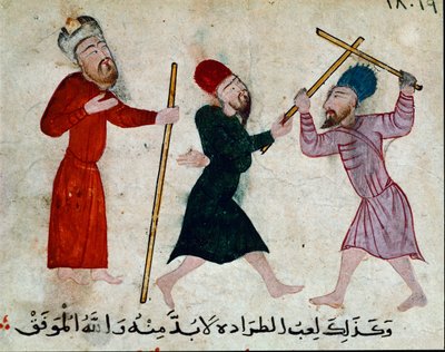 Arte islamica: Disegno su pergamena del periodo Fatimide (X-XI secolo) - Gioco dei bastoni - Dipinto su papiro da Islamic School