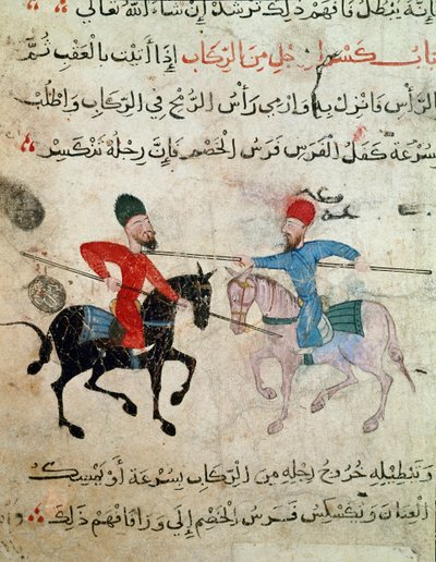Arte islamica: Disegno su pergamena del periodo Fatimide (X-XI secolo) - Scena di duello tra due cavalieri - Dipinto su papiro da Islamic School