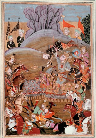 Arte islamica: "Il primo combattimento di Rustam contro Afrasiab" Miniatura persiana da un manoscritto del poema epico "Shahnameh" (Shah Nama, Shahnama) (Libro dei Re) di Ferdowsi (Firdawsi, o Ferdawsi, o Firdousi, ca. 940-1020 circa) (ms. 607) Chantilly,  da Islamic School