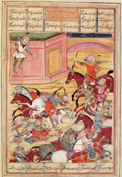 Arte islamica: Sam scocca una freccia per difendere un castello incantato (miniatura persiana da un manoscritto del poema epico Shahnameh di Ferdowsi) da Islamic School