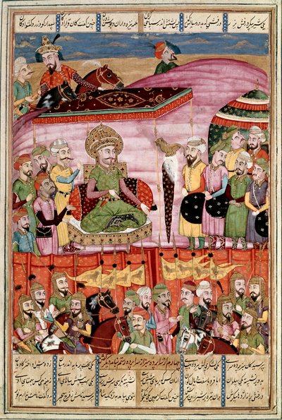 Arte islamica: Sohrab (Saharab) al campo di Roustam. Miniatura persiana da un manoscritto del poema epico Shahnameh (Libro dei Re) di Ferdowsi (ca. 940-1020) da Islamic School