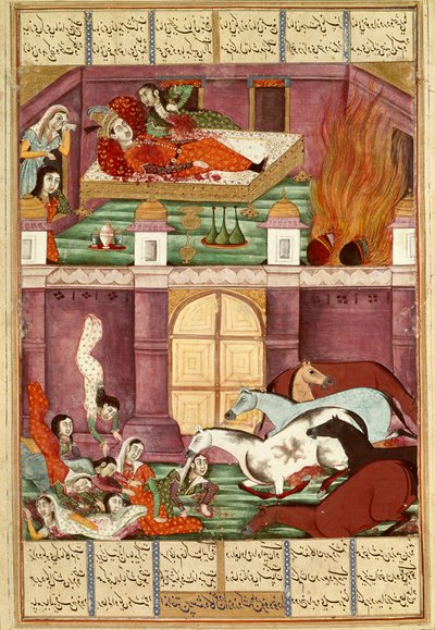 Arte islamica: "la morte di Firoud e sua madre Djerireh" Miniatura persiana da un manoscritto del poema epico "Shahnameh" (Shah Nama, Shahnama) (Libro dei Re) di Ferdowsi (Firdawsi, o Ferdawsi, o Firdousi, ca. 940-1020 circa) (ms. 607) Chantilly, Museo da Islamic School