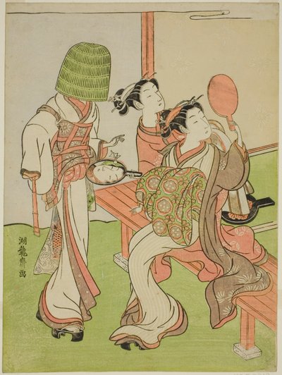 Una cortigiana e la sua assistente usano specchi per identificare un monaco mendicante da Isoda Koryusai