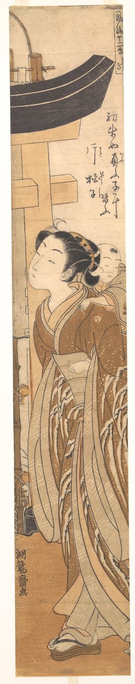 Eine Frau mit einem Kind auf dem Rücken nahe dem Eingang zu einem Tempel da Isoda Koryusai