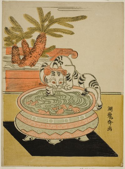 Gatto che zampetta verso il pesce rosso da Isoda Koryusai