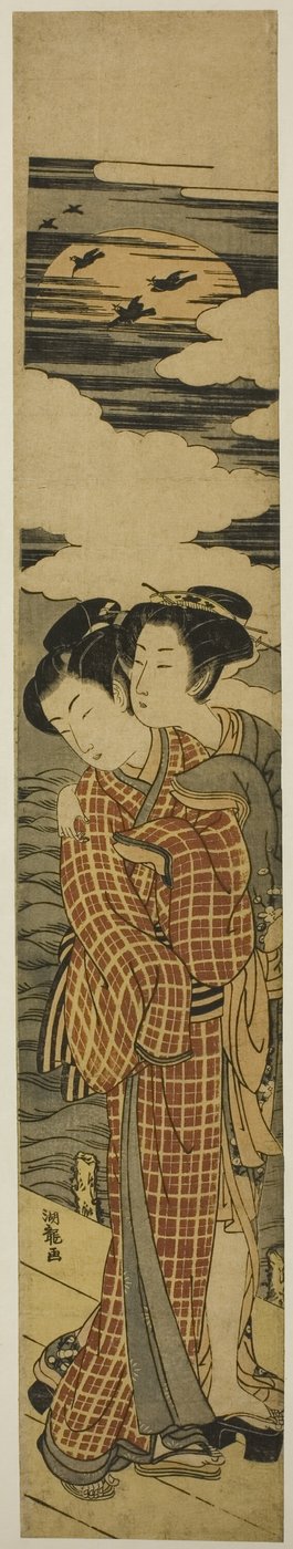 Coppia che si abbraccia su un molo in una notte di luna da Isoda Koryusai