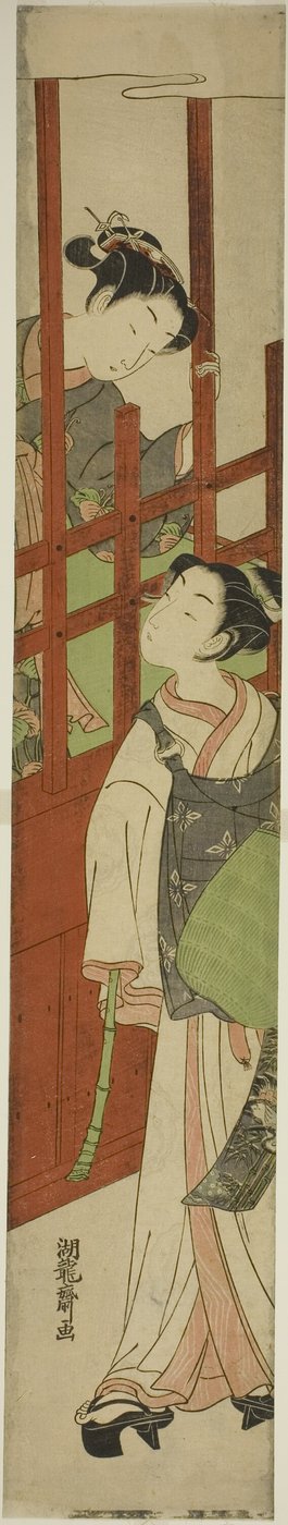 Cortigiana guarda in basso un giovane vestito da monaco mendicante da Isoda Koryusai