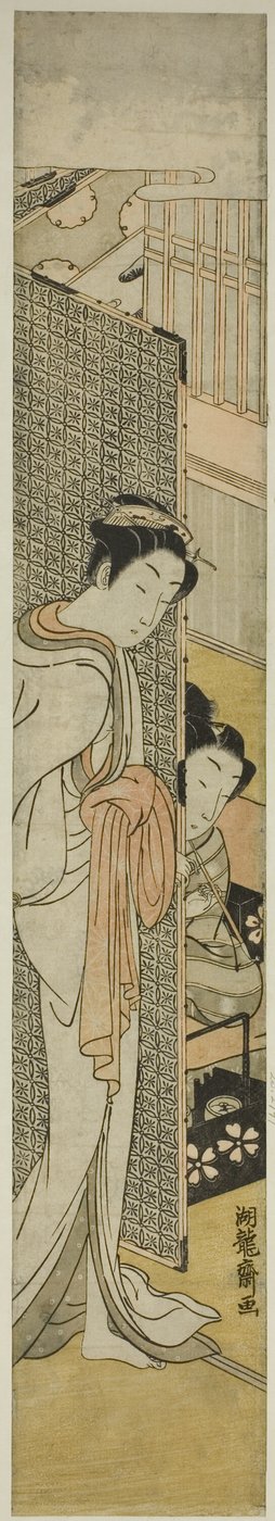 Cortigiana dietro lo schermo e giovane uomo che fuma da Isoda Koryusai