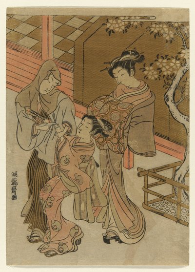 Cortigiana che osserva il suo assistente trattenere un uomo incappucciato da Isoda Koryusai