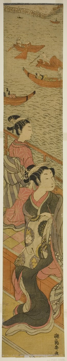 Cortigiana e il suo attendente su un balcone che si affaccia sul fiume da Isoda Koryusai