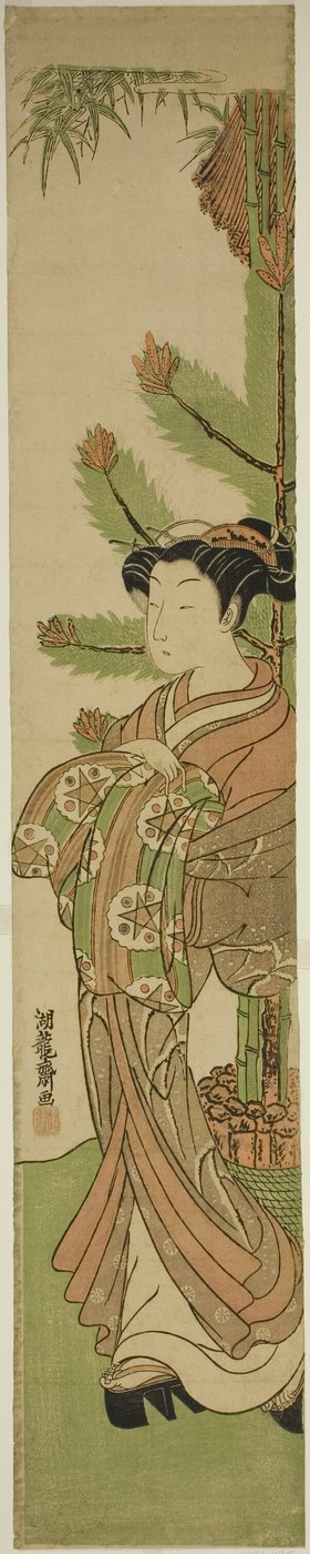 Cortigiana davanti alla decorazione di Capodanno di pino e bambù da Isoda Koryusai