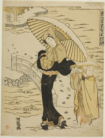 Neve serale a Ikenohata (Ikenohata bosetsu), dalla serie "Otto vedute della prosperità nel villaggio orientale (Azuma no sato eiga hakkei)" da Isoda Koryusai