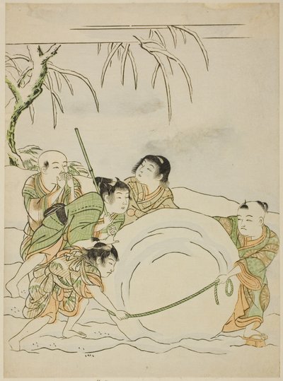 Cinque ragazzi che rotolano una grande palla di neve da Isoda Koryusai