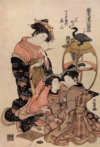 Cortigiana giapponese in kimono che beve una tazza di tè da Isoda Koryusai