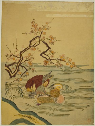 Anatre mandarino che nuotano sotto un ramo di prugna da Isoda Koryusai