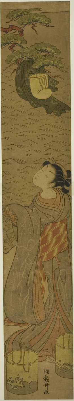 Parodia di Matsukaze che balla sotto la tunica di Yukihira. da Isoda Koryusai