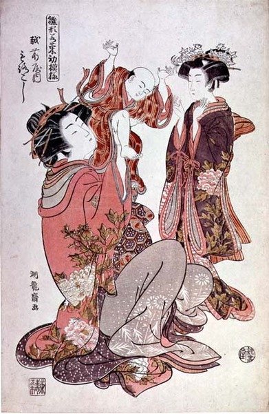 La cortigiana Morokoshi di Echizan con bambino e assistente, c.1775 da Isoda Koryusai