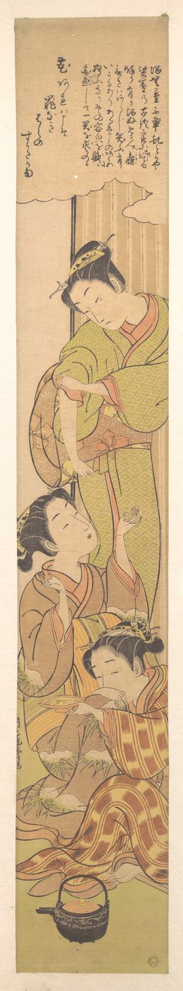 Drei Mädchen trinken Sake da Isoda Koryusai
