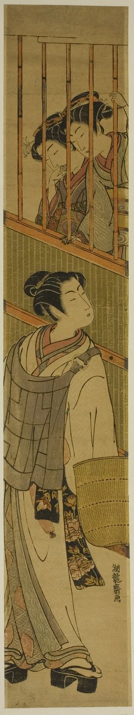 Due giovani donne che guardano un giovane vestito da Komuso da Isoda Koryusai