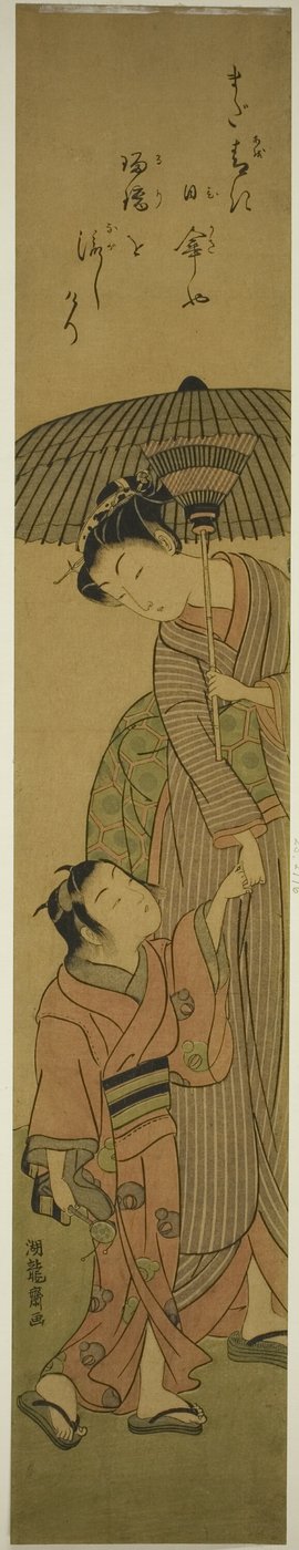 Donna e bambino sotto un parasole da Isoda Koryusai