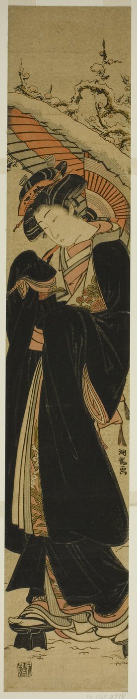 Giovane donna con ombrello che cammina nella neve da Isoda Koryusai