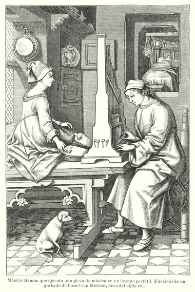 Musicista tedesco che suona un organo portatile, fine XV secolo da Israel van (after) Mecken