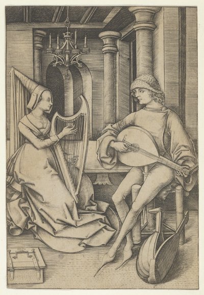 Suonatore di liuto e arpista, da Scene di vita quotidiana da Israhel van Meckenem