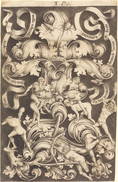 Ornamento con fiore e otto selvaggi da Israhel van Meckenem