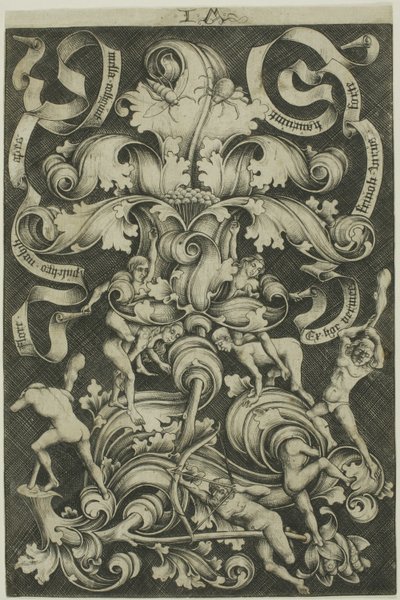 Ornamento con fiore e otto personaggi selvatici da Israhel van Meckenem the younger