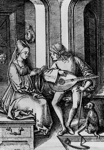 Una donna che canta mentre un uomo suona un liuto da Israhel van the younger Meckenem